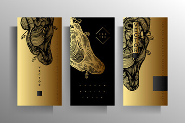 Cover design for brochure, poster, flyer, booklet, catalog template set. Hand-drawn graphic elements black with gold. Vector 10 EPS.