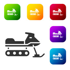 Black Snowmobile icon isolated on white background. Snowmobiling sign. Extreme sport. Set icons in color square buttons. Vector Illustration.