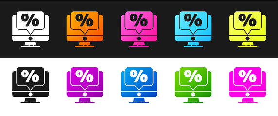 Set Percent discount and monitor icon isolated on black and white background. Sale percentage - price label, tag. Vector Illustration.