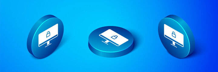 Isometric Lock on computer monitor screen icon isolated on blue background. Security, safety, protection concept. Safe internetwork. Blue circle button. Vector Illustration.