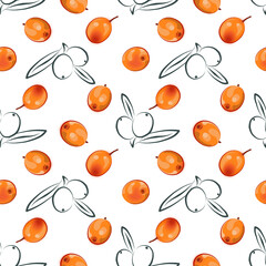 Color seamless pattern of leaves and sea buckthorn on a white background. 
