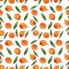 Color seamless pattern of leaves and sea buckthorn on a white background.