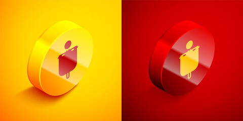 Isometric Medieval flag icon isolated on orange and red background. Country, state, or territory ruled by a king or queen. Circle button. Vector.