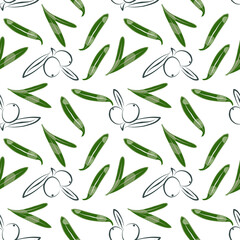 Color seamless pattern of leaves and sea buckthorn on a white background. © OlgaGersh