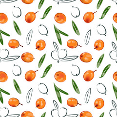 Color seamless pattern of leaves and sea buckthorn on a white background. 
