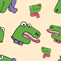 Funny cartoon  hand drawn dinosaur seamless vector texture pattern