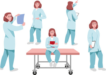 Set of vector isolated cartoon flat female doctor nurse character