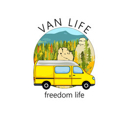 Van life sticker. Sandstone rock formation, forest and the mountains in the background. Colorful Illustration. Van life, freedom life.