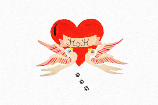 Drawing with two birds, a red heart and the words Mom