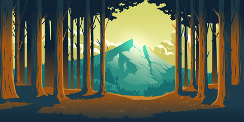 Cartoon nature landscape with mountain and forest