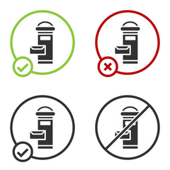 Black Traditional London mail box icon isolated on white background. England mailbox icon. Mail postbox. Circle button. Vector.