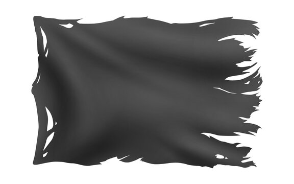 Flying pirate flag, black color. Jolly roger. 3D realistic vector Illustration, Isolated on White Background.