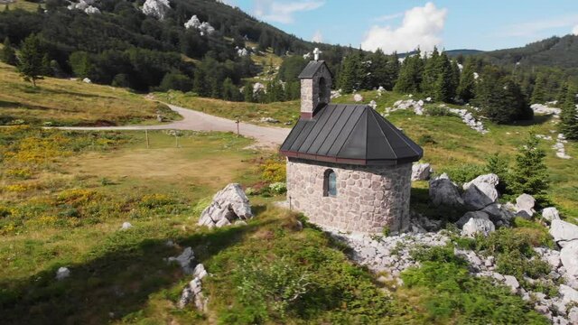 Aerial view of the chapel near Zavizan on the Velebit Mountain in Croatia