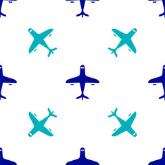 Blue Plane icon isolated seamless pattern on white background. Flying airplane icon. Airliner sign. Vector.