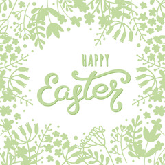Happy Easter greeting card. Spring background with floral ornament, frame and hand lettering. Vector illustration.