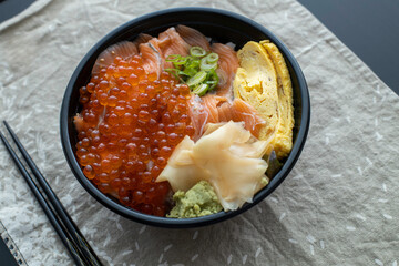 Bowl with japanese food over the table