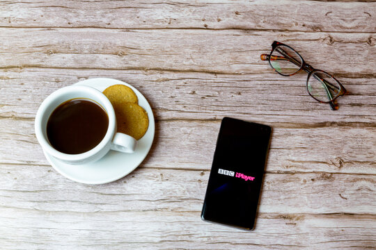 01-30-2021 Portsmouth, Hampshire, UK A mobile phone or cell phone laid on a table with the BBC Iplayer app open