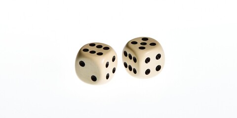 A pair of white dice thrown with the number eleven isolated on a white background