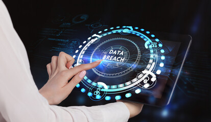 Business, Technology, Internet and network concept. Young businessman shows the word: Data breach
