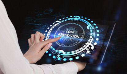 Business, technology, internet and networking concept. Young entrepreneur showing keyword: Lead generation