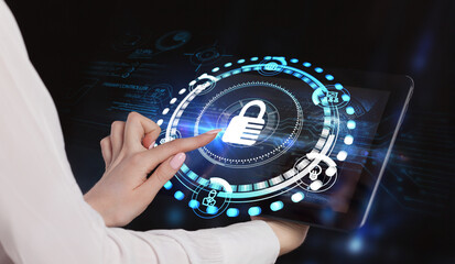 Cyber security data protection business technology privacy concept. Young businessman  select the...