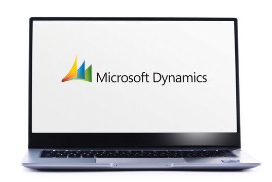 Laptop computer displaying logo of Microsoft Dynamics