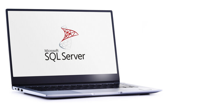  Laptop computer displaying logo of Microsoft SQL Server