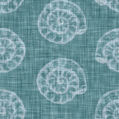 Aegean teal mottled seashell linen texture background. Summer coastal living style 2 tone fabric effect. Sea green wash distressed grunge material. Decorative shell motif textile seamless pattern
