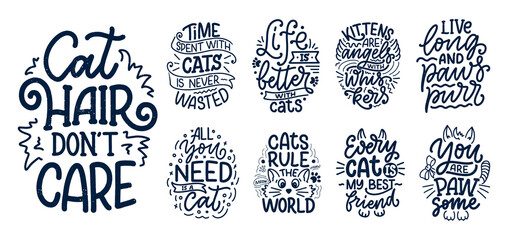 Set with funny lettering quotes about cats for print in hand drawn style. Creative typography slogans design for posters. Cartoon vector illustration. © Artlana