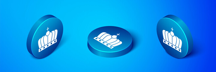 Isometric King crown icon isolated on blue background. Blue circle button. Vector.