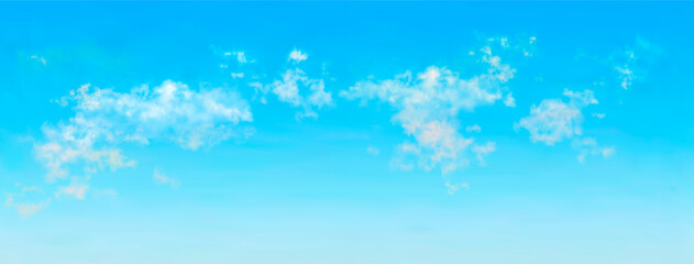 Obraz premium Seamless vector realistic blue midday sky. Long length horizontal background with beautiful white light clouds on it. 3D vector skyscape pattern. Backdrop for your work.