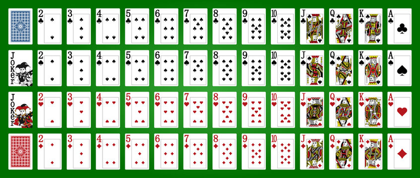Poker set with isolated cards on green background. Poker playing cards - Full deck - Miniature playing cards for mobile applications