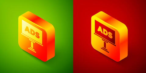 Isometric Advertising icon isolated on green and red background. Concept of marketing and promotion process. Responsive ads. Social media advertising. Square button. Vector.