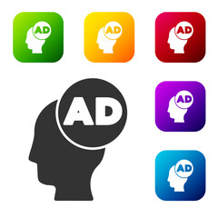Black Advertising icon isolated on white background. Concept of marketing and promotion process. Responsive ads. Social media advertising. Set icons in color square buttons. Vector.