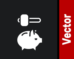 White Piggy bank and hammer icon isolated on black background. Icon saving or accumulation of money, investment. Vector.