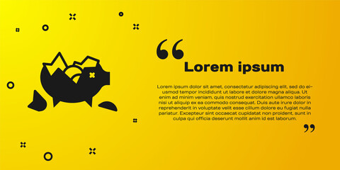 Black Broken piggy bank icon isolated on yellow background. Icon saving or accumulation of money, investment. Vector.