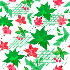 Tuinposter Modern abstract simple red flowers fuchsia,leaves   and abstract shapes endless wallpaper.Vector floral seamless pattern.Cute botanical background.Trandy fabric design,wrapping paper. © Alla
