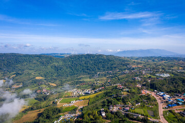 Fototapeta na wymiar Aerial top view of Mountain and Mist in khao kho at the morning. Phetchabun Thailand.