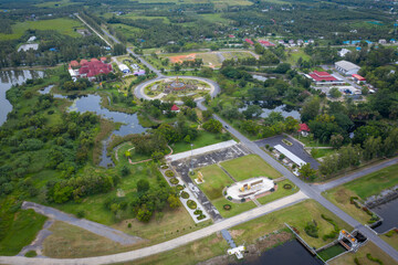 Aerial view of Memorial park near Utho Wipat prasit floodgates at daytime in pak phanang, Nakhon Si Thammarat, Thailand.
