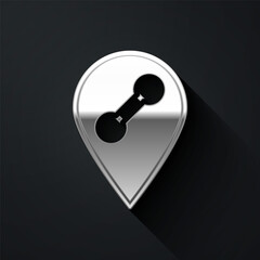 Silver Location gym icon isolated on black background. Long shadow style. Vector.