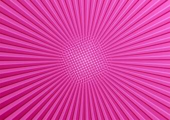 Pink vector comic pop art halftone background with sunbeams, space for your text. Abstract illustration