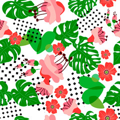 Modern abstract simple red flowers,leaves monstera  and abstract shapes endless wallpaper.Vector floral seamless pattern.Cute botanical background.Trandy fabric design,wrapping paper.