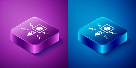 Isometric Connecting electric plug with electricity spark icon isolated on blue and purple background. Square button. Vector.