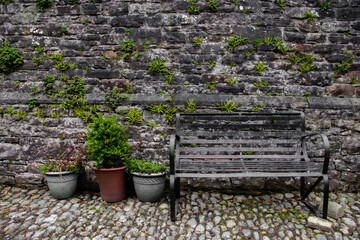 Bench against an old stone wall on cobble stone floor.