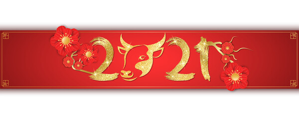 Label for Chinese New Year of the Bull 2021. Golden glittering zodiac sign with hand drawn numbers. Blooming flowers on a red background. Vector illustration.