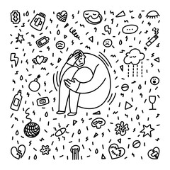 Depression doodle. Man is hugging his legs. Man curls up in a sad pose. Depressed person. Concept of stress, sadness, depression, pain doodle style. Depression signs and symptoms. COVID stress
