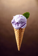 Ice cream with mint  in waffle cone.