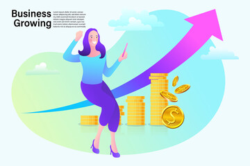 Graph to success. Mobile Currency Exchange Service. Woman using mobile app for online banking and business growing. Flat Cartoon Vector Illustration
