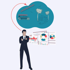 Travel planning. Surfing trip dream - businessman, stand with diagrams, charts - vector. Hypothetical vacation.