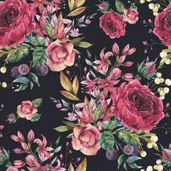 Watercolor vintage burgundy rose and wildflowers seamless pattern. Natural botanical wallpaper